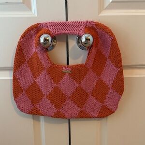 Kopari Pink and Orange Argyle Knit Handbag